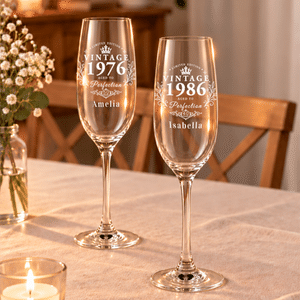 Personalized Vintage Year Champagne Glass with Name Age and Coaster Birthday Anniversary Christmas Gift for Woman Sister Mom Grandma