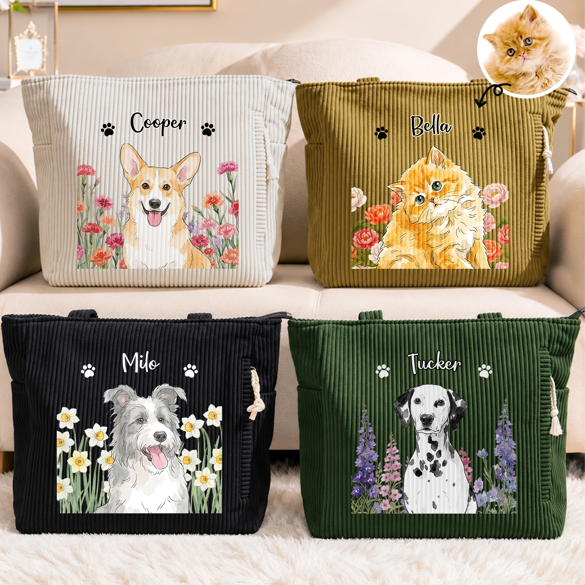Personalisierter Haustierfoto Cord Shopper | mit Geburtsblumen & Namen | Schultertasche für den Alltag | Geburtstag Geschenk für Tierliebhaber