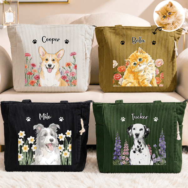 Personalised Watercolor Style Pet Photo Birth Flower Large Capacity Corduroy Tote Bag with Name Travel Essential Birthday Gift for Family Pet Lover