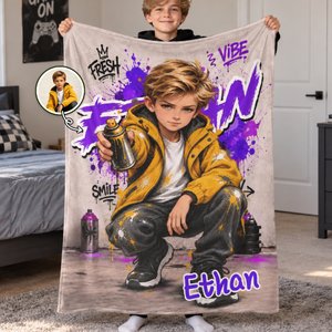Coperta morbida personalizzata con foto di personaggi dei cartoni animati, graffiti e arte di strada, con nome, decorazione per la camera da letto, regalo di compleanno per bambini e adolescenti