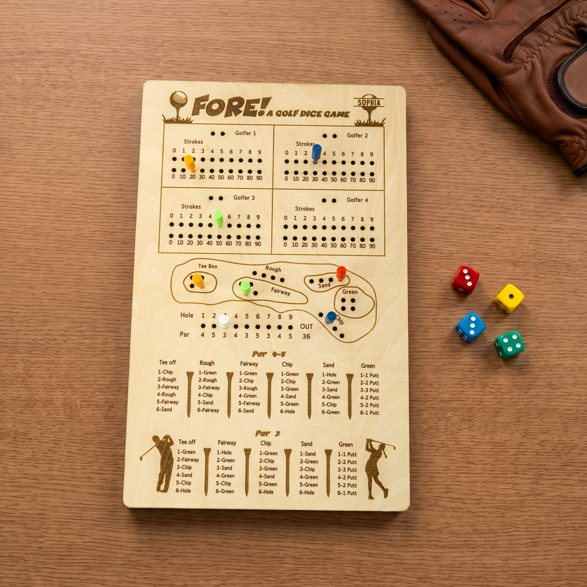 Individuell graviertes, tragbares Golf-Würfelspiel aus Holz mit 9 Stiften, 4 Würfeln und 4 Spielern – ideal für unterwegs, Spieleabende und als Geburtstagsgeschenk für Golfbegeisterte