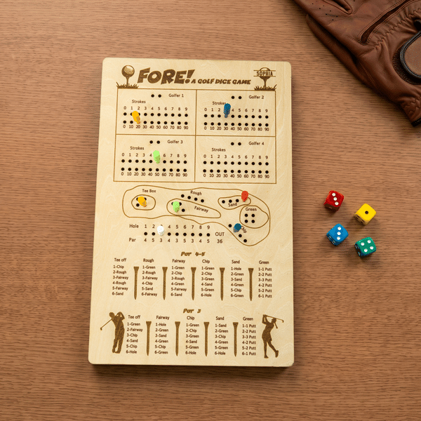 Personalized Engraved Name Portable Wooden Golf Dice Game with 9 Pegs 4 Dices and 4 Players Travel Game Night Birthday Gift for Golf Lovers