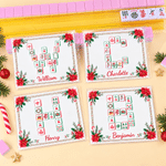 Personalized Christmas Floral Holly Mahjong Themed Tri-Fold Card Cover Sticker Set with Name Christmas Holiday Gift for Mahjong Lovers