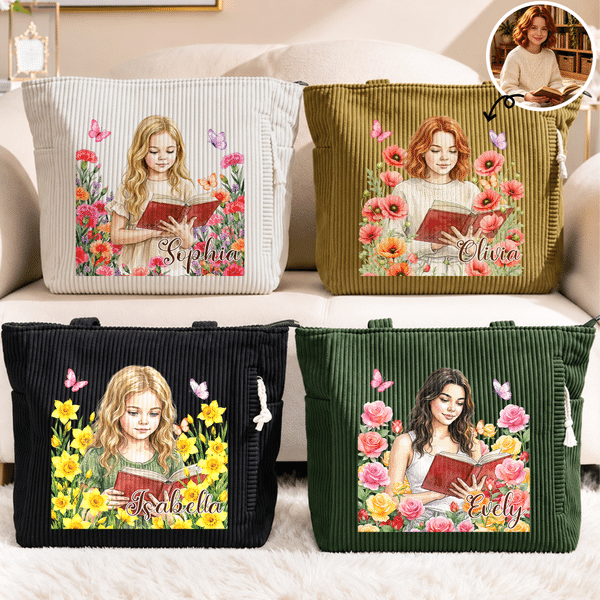 Personalised Birth Flower Reading Cartoon Character Large Capacity Corduroy Tote Bag with Name Travel Essential Birthday Gift for Book Lover