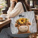 Personalised Cute Highland Cow Stripe Large Capacity Tote Bag with Name Daily Use Birthday Gift for Highland Cow Lovers Best Friends