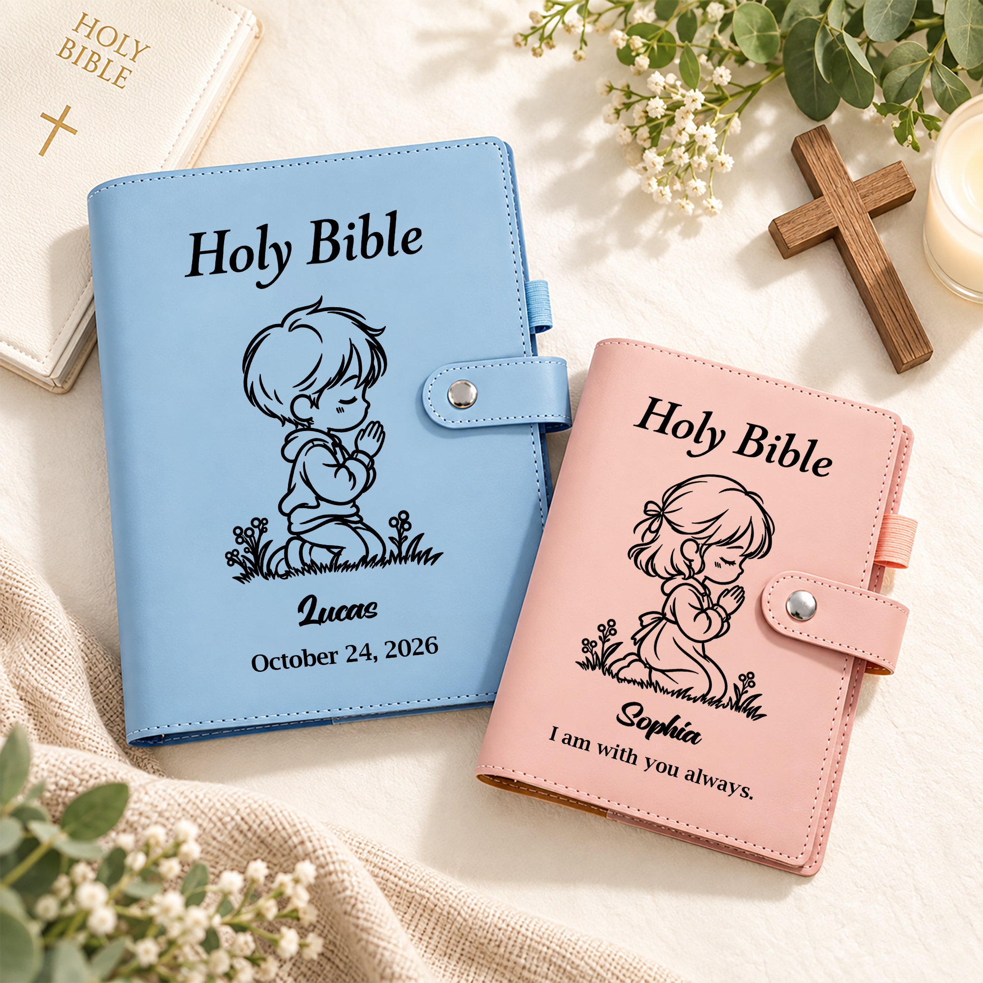 Personalisiertes Notizbuch aus PU-Leder mit Bibel-Gebetsmotiven, mit Namen und Datum – Tauf-, Erstkommunion- und christliches Geburtstagsgeschenk für Kinder und Freunde