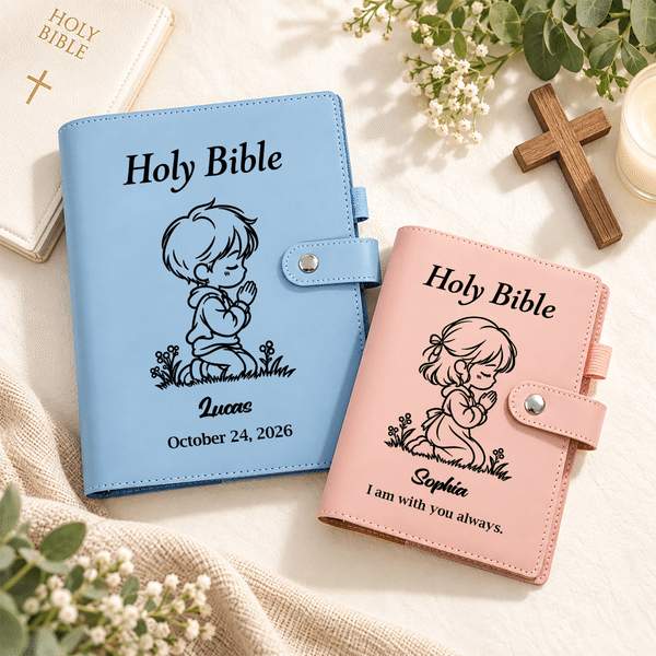 Personalised Holy Bible Prayer Gestures PU Leather Notebook with Name and Date Baptism First Communion Christian Birthday Gift for Kid Friend