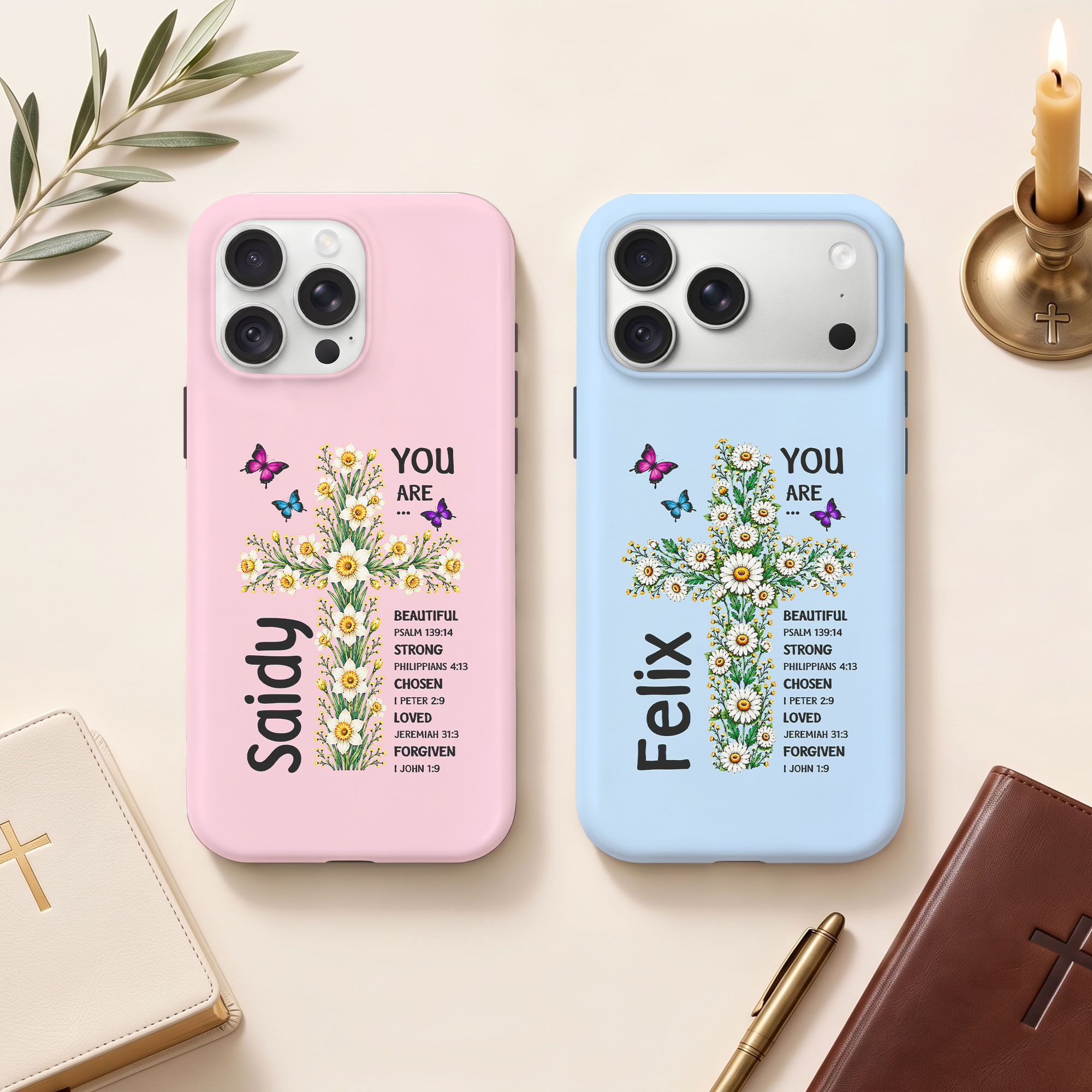 Individuell gestaltete Handyhülle mit Geburtsblume und Kreuz sowie Namen für iPhone und Samsung – Jubiläums- und Geburtstagsgeschenk für Freunde, Familie und Christen