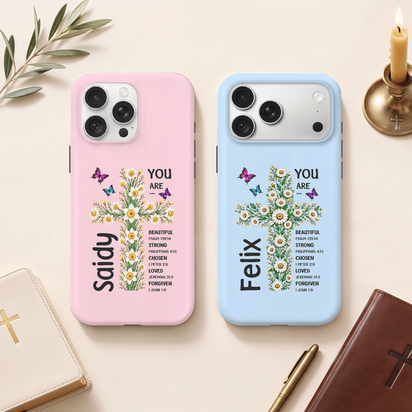 Personalised Birth Flower Cross Phone Case with Name for iPhone Samsung Anniversary Birthday Gift for Friend Family Christian