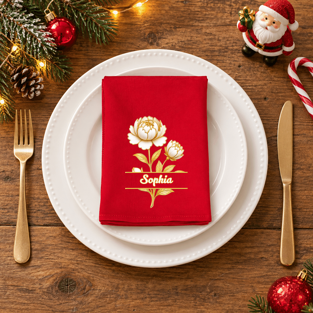 Gepersonaliseerd servet met 3D-effect, geboortebloem, rood, kerstthema, met naam, tafeldecoratie, kerstcadeau voor familie en vrienden 1