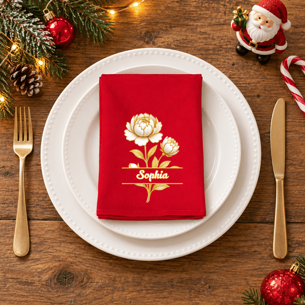Gepersonaliseerd servet met 3D-effect, geboortebloem, rood, kerstthema, met naam, tafeldecoratie, kerstcadeau voor familie en vrienden