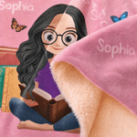Personalised Birth Flower Reading Cartoon Character Soft Hooded Blanket with Name Birthday Gift for Book Lovers