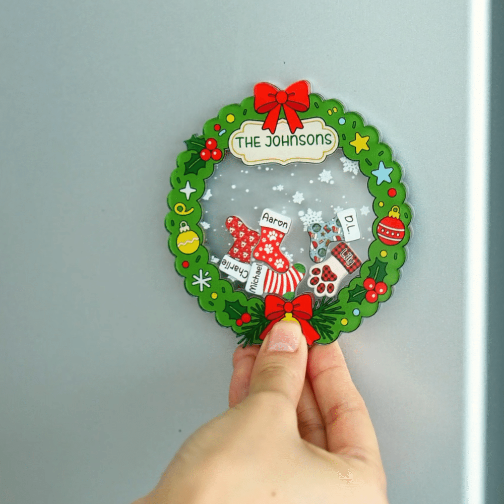 Personlig 3D-shaker-design: julkrans, julstrumpa, snö – magnetisk kylskåpsmagnet i akryl med namn – heminredning och julklapp till familj och vänner 3