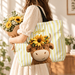 Personalised Cute Highland Cow Stripe Large Capacity Tote Bag with Name Daily Use Birthday Gift for Highland Cow Lovers Best Friends
