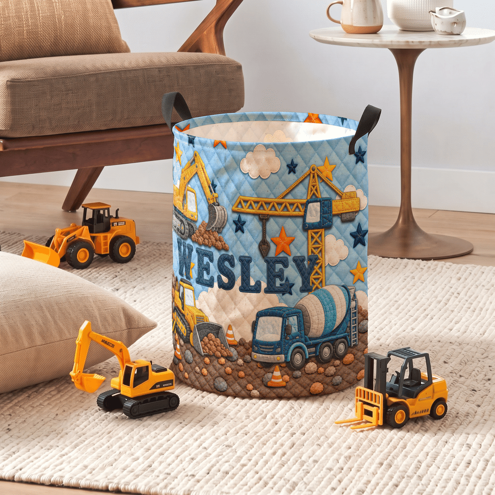Cesto porta biancheria impermeabile personalizzato con motivo a veicoli da cantiere e effetto 3D, dotato di manico e nome; regalo per l'inaugurazione della casa o per il compleanno dei bambini 2