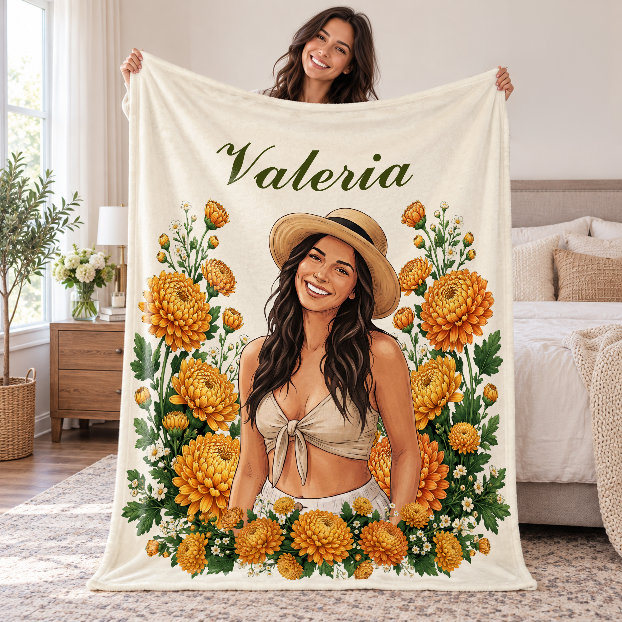Personalised Photo Birth Flower Multi-Size Soft Throw Blanket with Name Home Decor Birthday Anniversary Gift for Girl Woman Mum