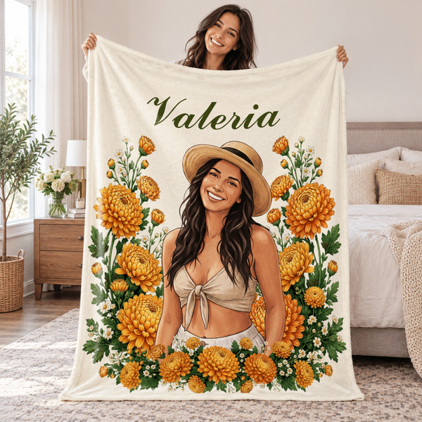 Personalised Photo Birth Flower Multi-Size Soft Throw Blanket with Name Home Decor Birthday Anniversary Gift for Girl Woman Mum