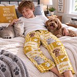 Pantalon de pyjama doux personnalisé à motif de cœurs multicolores en damier, avec nom, pour la maison. Cadeau d'anniversaire ou de Noël pour les amoureux des animaux de compagnie
