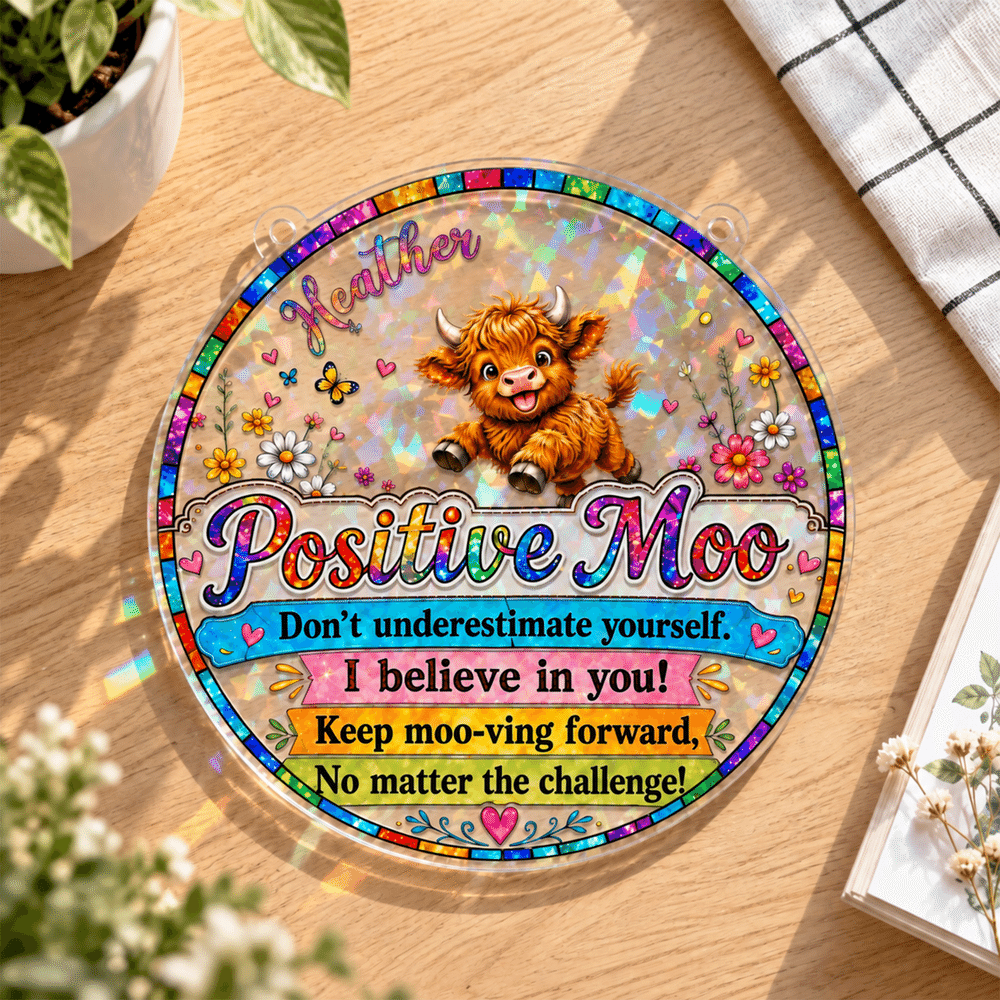 Personalized Colorful Highland Cow Positive Moo Floral Butterfly Sun Catcher with Name Birthday Housewarming Encouragement Gift for Women Friends 6
