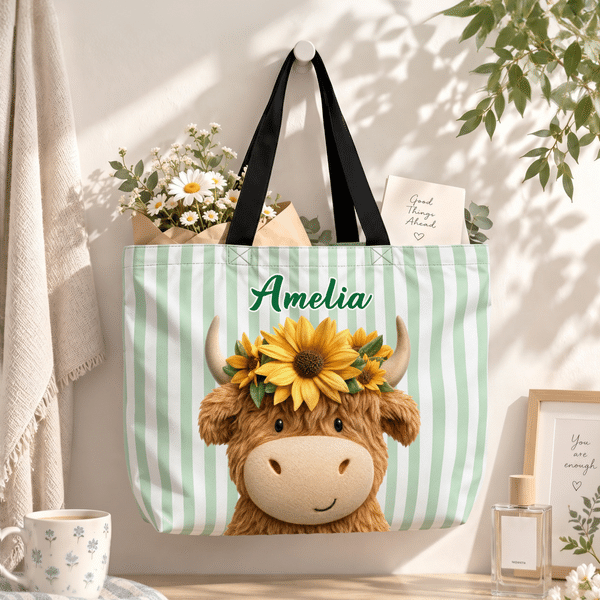 Personalised Cute Highland Cow Stripe Large Capacity Tote Bag with Name Daily Use Birthday Gift for Highland Cow Lovers Best Friends