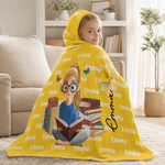 Personalised Birth Flower Reading Cartoon Character Soft Hooded Blanket with Name Birthday Gift for Book Lovers