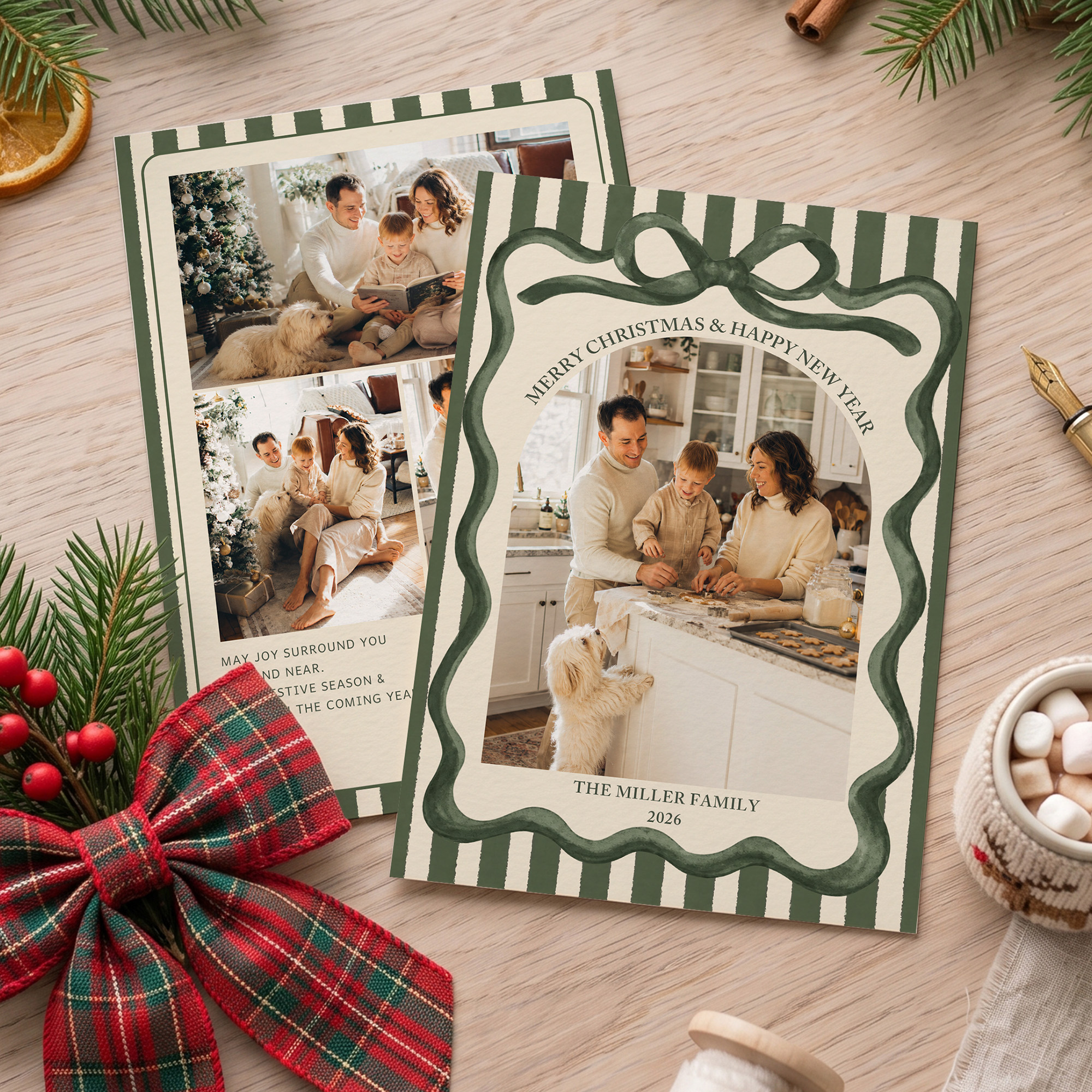 Personalisierte Weihnachtsgrußkarte mit Schleifenmotiv und Text sowie Titel – Weihnachtsgeschenk für Freunde und Familie