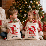 Personalised Christmas Reindeer Initial Large Capacity Canvas Drawstring Gift Bag with Name Christmas Gift for Boys Girls