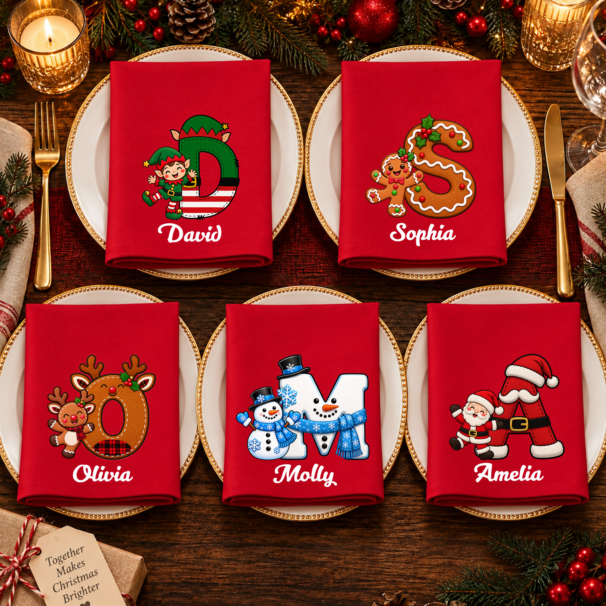Personalisierte Weihnachtsserviette aus 100 % Baumwolle mit Weihnachtsmann-, Schneemann- und Lebkuchenmann-Motiv sowie Initialen – als Tischdekoration und Weihnachtsgeschenk für Kinder, Familie und Freunde