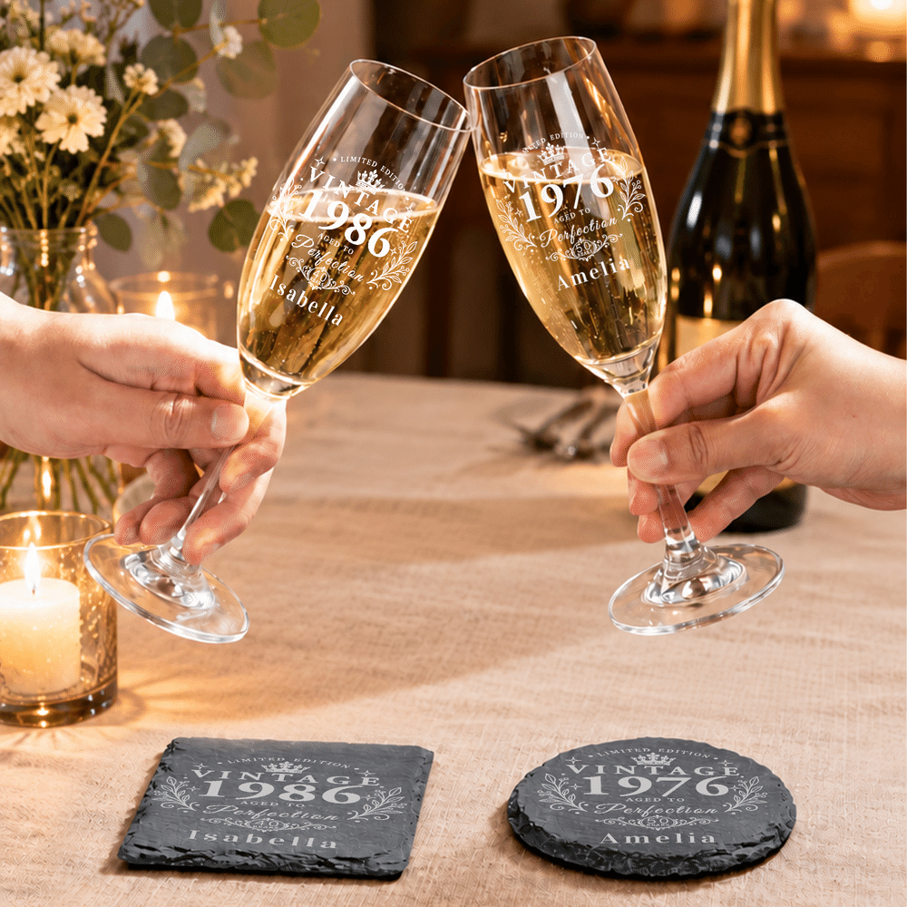 Personalized Vintage Year Champagne Glass with Name Age and Coaster Birthday Anniversary Christmas Gift for Woman Sister Mom Grandma 4