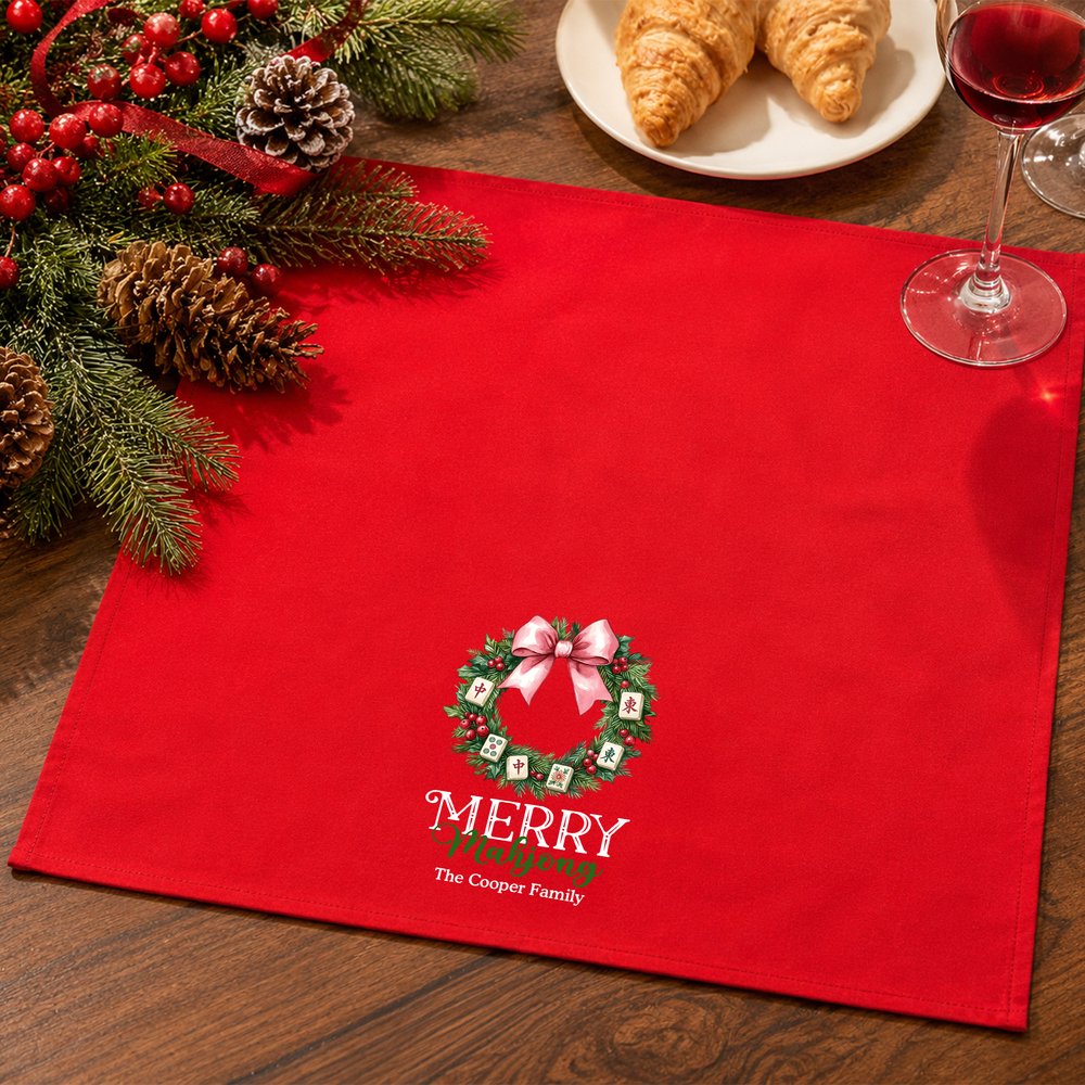 Personalized Christmas Mahjong Theme Reusable 100% Cotton Red Napkin with Text Table Decor Christmas Gift for Mahjong Lover 7