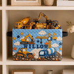 Personalised 3D-Effect Artwork Construction Lorries Patterns Large Capacity Storage Basket with Name and Handle Room Decor Birthday Gift for Kids