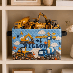 Personalised 3D-Effect Artwork Construction Lorries Patterns Large Capacity Storage Basket with Name and Handle Room Decor Birthday Gift for Kids