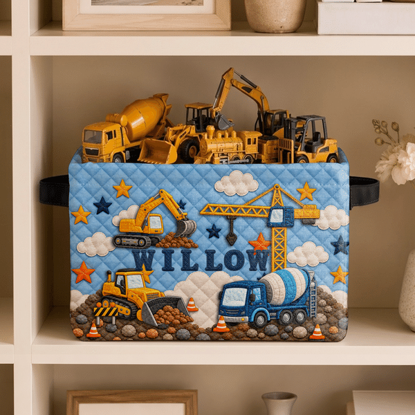 Personalized 3D-Effect Artwork Construction Trucks Patterns Large Capacity Storage Basket with Name and Handle Room Decor Birthday Gift for Kids