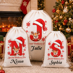 Personalised Christmas Reindeer Initial Large Capacity Canvas Drawstring Gift Bag with Name Christmas Gift for Boys Girls