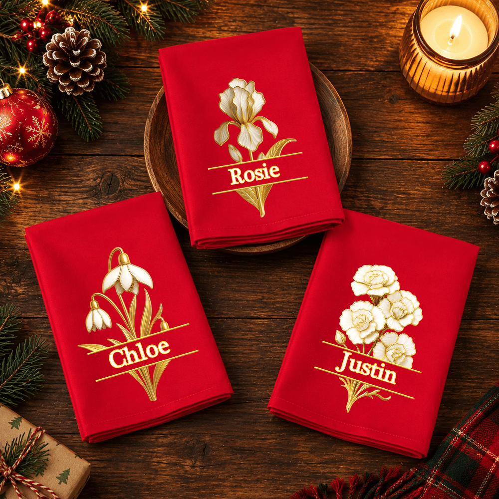 Gepersonaliseerd servet met 3D-effect, geboortebloem, rood, kerstthema, met naam, tafeldecoratie, kerstcadeau voor familie en vrienden 2