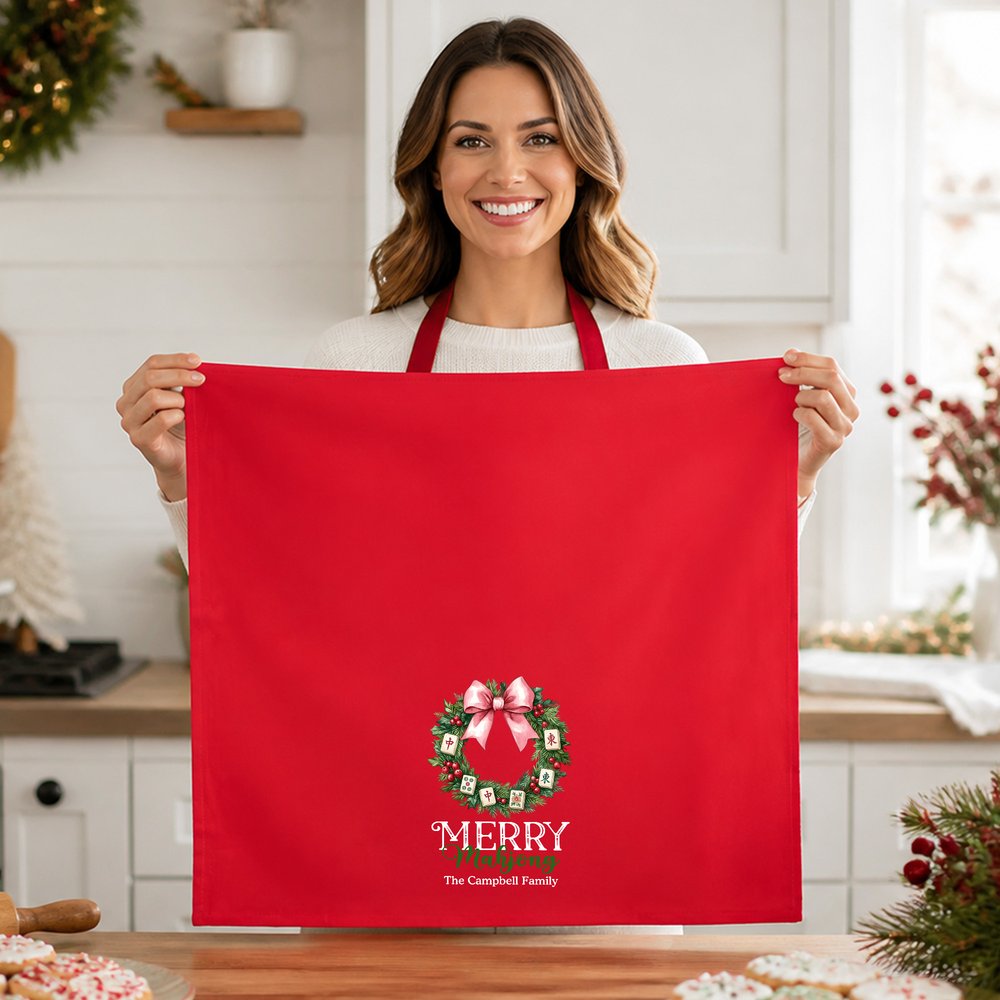 Personalized Christmas Mahjong Theme Reusable 100% Cotton Red Napkin with Text Table Decor Christmas Gift for Mahjong Lover 6