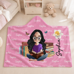 Personalised Birth Flower Reading Cartoon Character Soft Hooded Blanket with Name Birthday Gift for Book Lovers