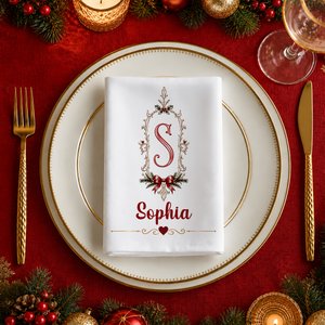 Gepersonaliseerd retro-servet met strik en initiaal, 100% katoen, met naam, tafeldecoratie, kerstcadeau voor het gezin en kinderen