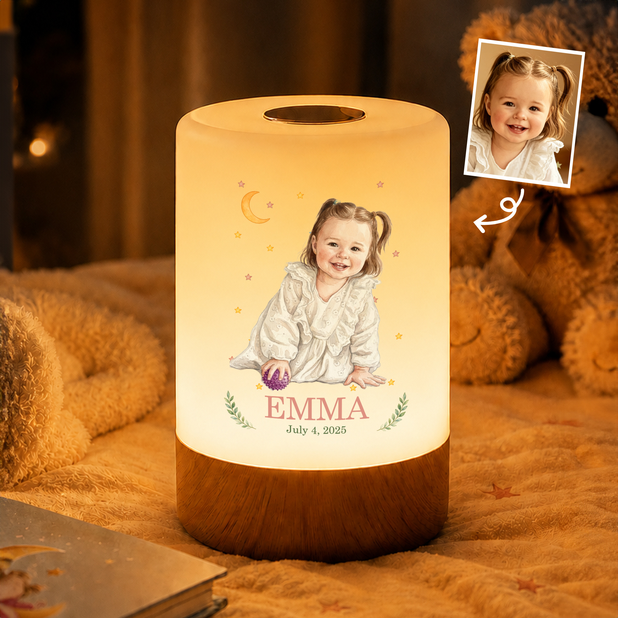 Individuell gestaltetes Nachtlicht im Aquarellstil für Kinder mit Name und Text, dimmbar, mit Touch-Fernbedienung – Dekoration für das Kinderzimmer, Geschenk zum Geburtstag oder zur Babyparty