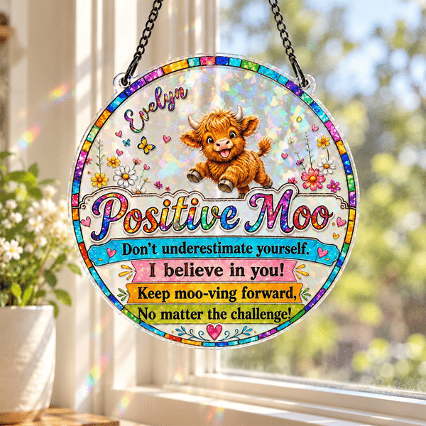 Cazasol personalizado, colorido, con motivo de vaca de las Highlands, mensaje «Moo», motivos florales y mariposas, con nombre; ideal como regalo de cumpleaños, de inauguración de casa o de ánimo para mujeres y amigas