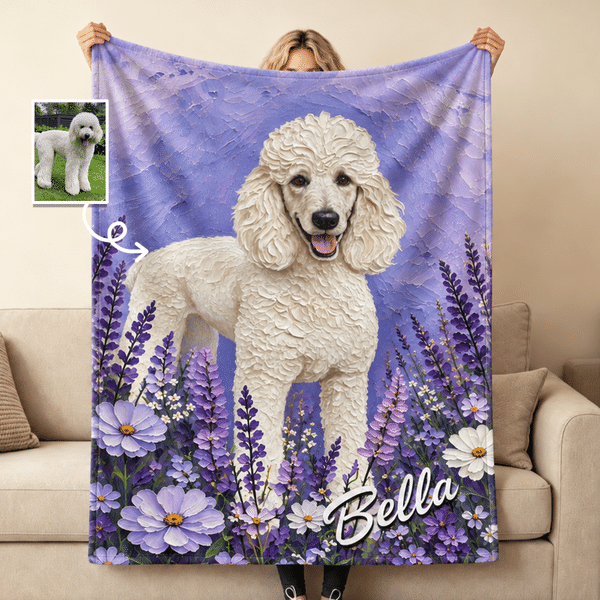 Personalised Oil Painting Style Pet Portrait Floral Soft Throw Blanket with Name Home Decor Birthday Gift for Pet Owners Lovers
