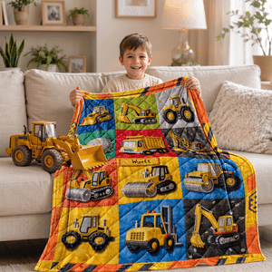 Coperta morbida personalizzata con motivi a trapuntino ispirati ai cartoni animati e ai veicoli da cantiere, con nome: regalo di compleanno e natalizio per un bambino appassionato di camion