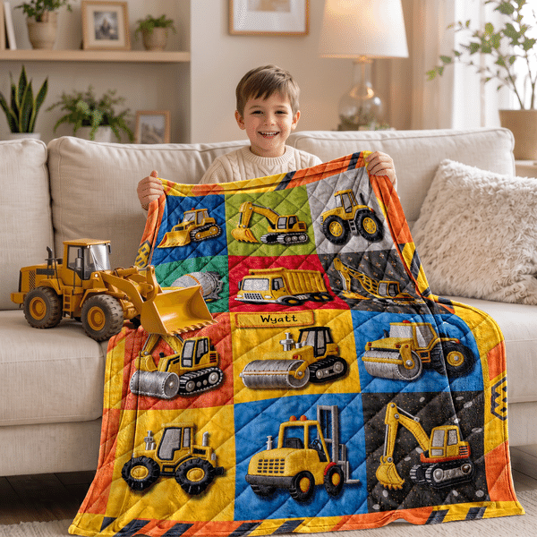 Couverture moelleuse personnalisée à motif de véhicules de chantier inspirés des dessins animés, avec effet matelassé et prénom, cadeau d'anniversaire ou de Noël pour un petit garçon passionné de camions