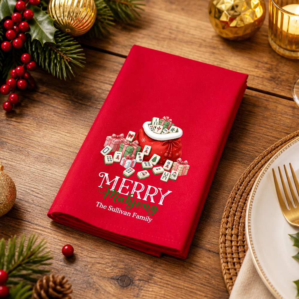 Personalized Christmas Mahjong Theme Reusable 100% Cotton Red Napkin with Text Table Decor Christmas Gift for Mahjong Lover 3