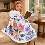 Personalized Birth Flower Reading Themed Photo Soft Throw Hooded Blanket with Name Book Club Birthday Christmas Gift for Bookworms Readers Friends