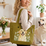 Personalised Watercolor Style Pet Photo Birth Flower Large Capacity Corduroy Tote Bag with Name Travel Essential Birthday Gift for Family Pet Lover