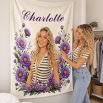 Couverture douillette personnalisée avec photo, motif « fleur de naissance » et nom, disponible en plusieurs tailles – Décoration d'intérieur, cadeau d'anniversaire ou de mariage pour fille, femme ou maman