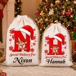Personalised Christmas Reindeer Initial Large Capacity Canvas Drawstring Gift Bag with Name Christmas Gift for Boys Girls