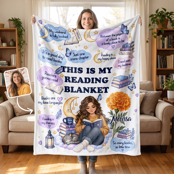 Personalized Birth Flower Reading Themed Photo Soft Throw Blanket with Name Book Club Birthday Christmas Gift for Bookworms Readers Friends