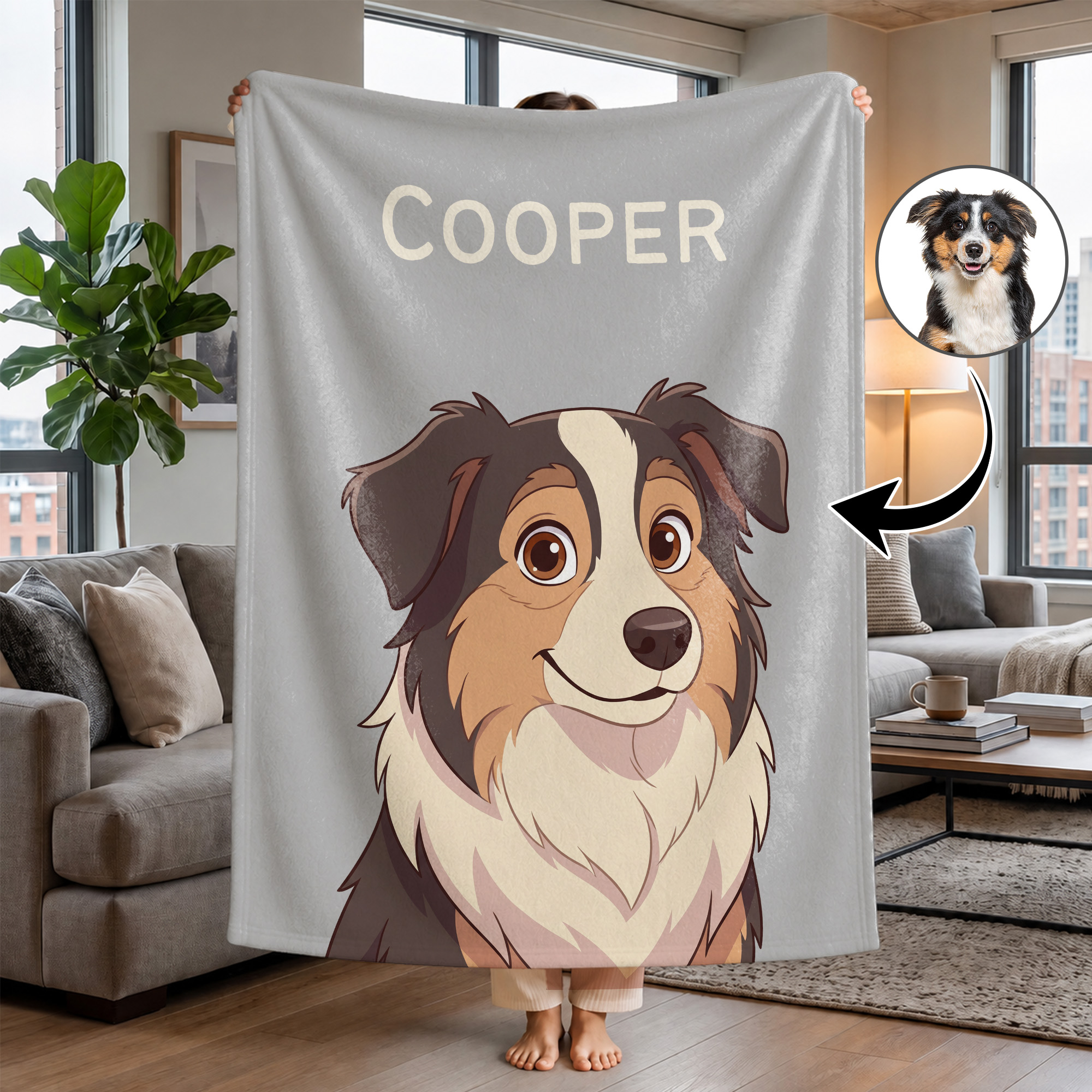 Individuell gestaltete, mehrfarbige, weiche Decke mit Cartoon-Motiv und Haustierfoto sowie Namen – Wohnaccessoire, Geburtstags- oder Einweihungsgeschenk für Haustierbesitzer und -liebhaber